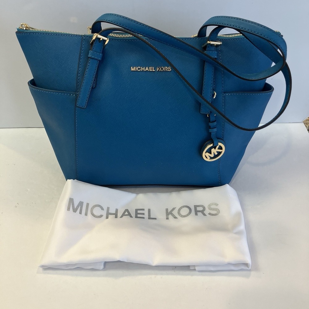 Michael Kors Jet Set Travel Large Leather Top Zip Shoulder Tote - Blue Turquoise
